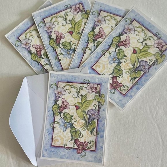 Set of 5 FLORAL HUMMINGBIRD handmade folded blank gift, greeting, journaling, no - Picture 3 of 4